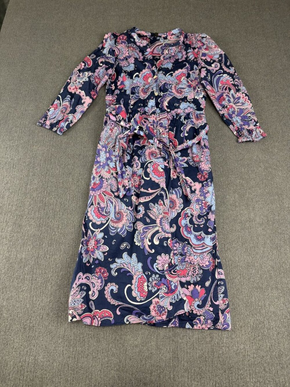 Talbots Petite Navy Pink Paisley Long-Sleeve Belted Dress 4P
